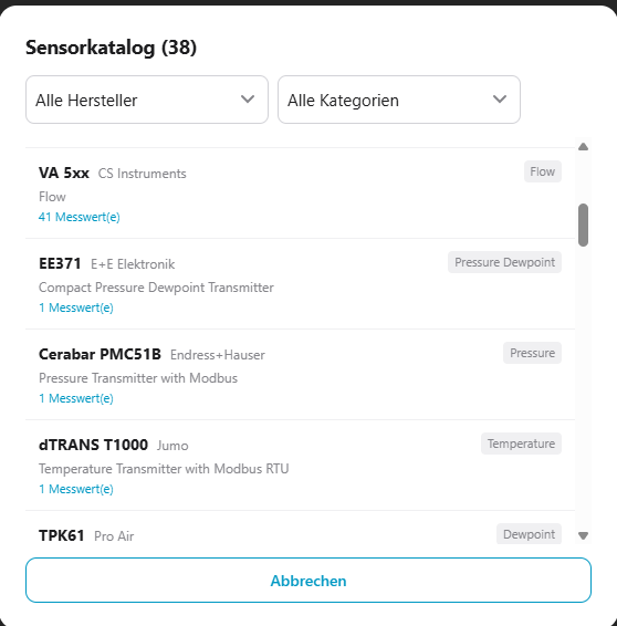 Sensorkatalog: Modbus-Sensoren aus der Liste wählen