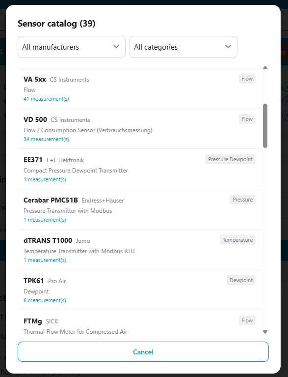 Sensor catalogue: pick Modbus sensors from a list