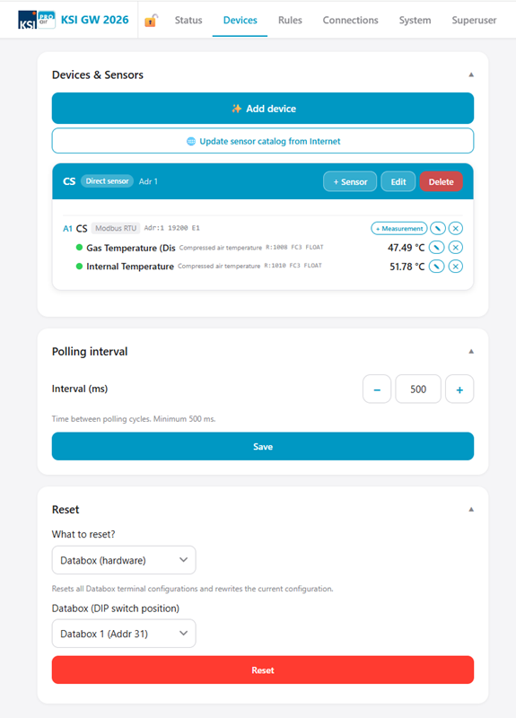 Device web server: setting up devices and sensors